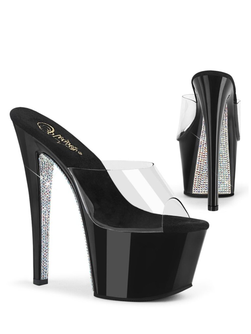 Pleaser Sky 301CRS Black Platform Heels with Rhinestones